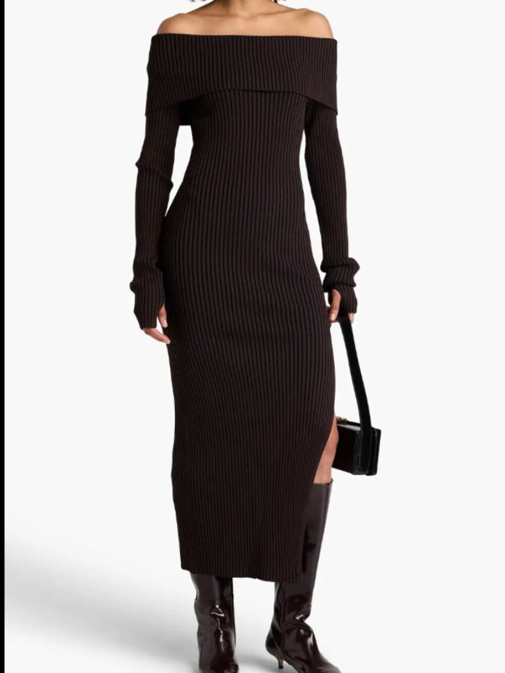 Nita Off-the-Shoulder Ribbed-Knit Maxi Dress‎ by Nicholas Chocolate Brown